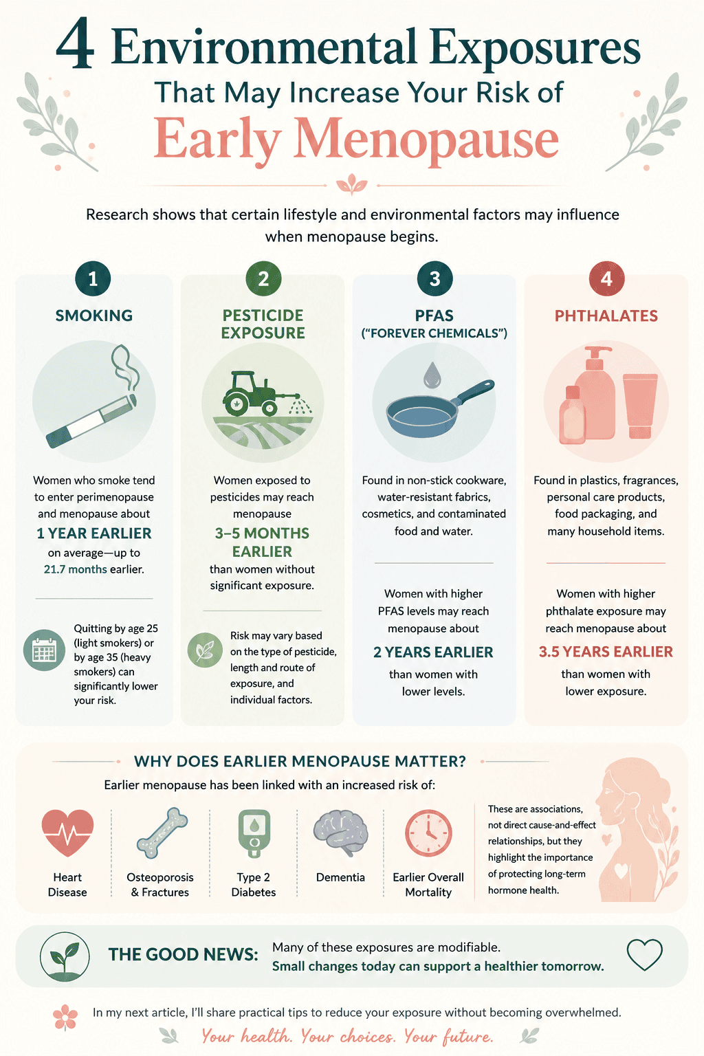 Early menopause infographic explaining 4 factors that increase the risk of early menopause, including smoking and toxic chemical exposures.