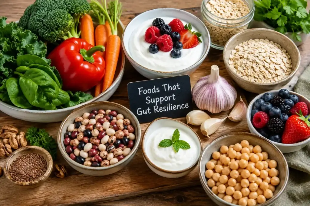 Whole foods including vegetables, yogurt, oats, garlic, beans, and berries that support gut resilience and digestive health