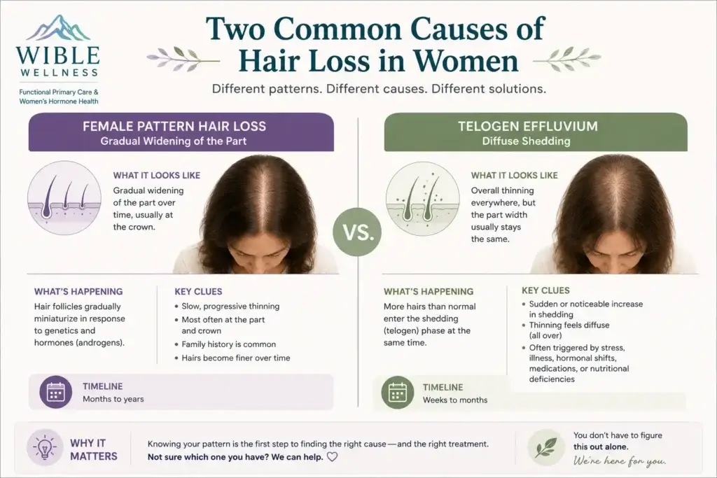 An illustration comparing two common causes of hair loss in women — gradual widening of the part from female pattern hair loss, and diffuse shedding from telogen effluvium