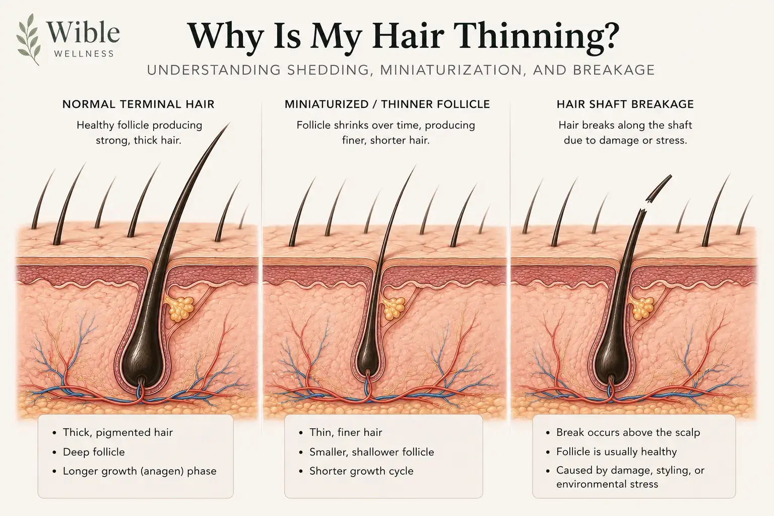 Medical illustration titled "why is my hair thinning? " comparing normal terminal hair, a miniaturized thinner hair follicle, and hair shaft breakage above the scalp.