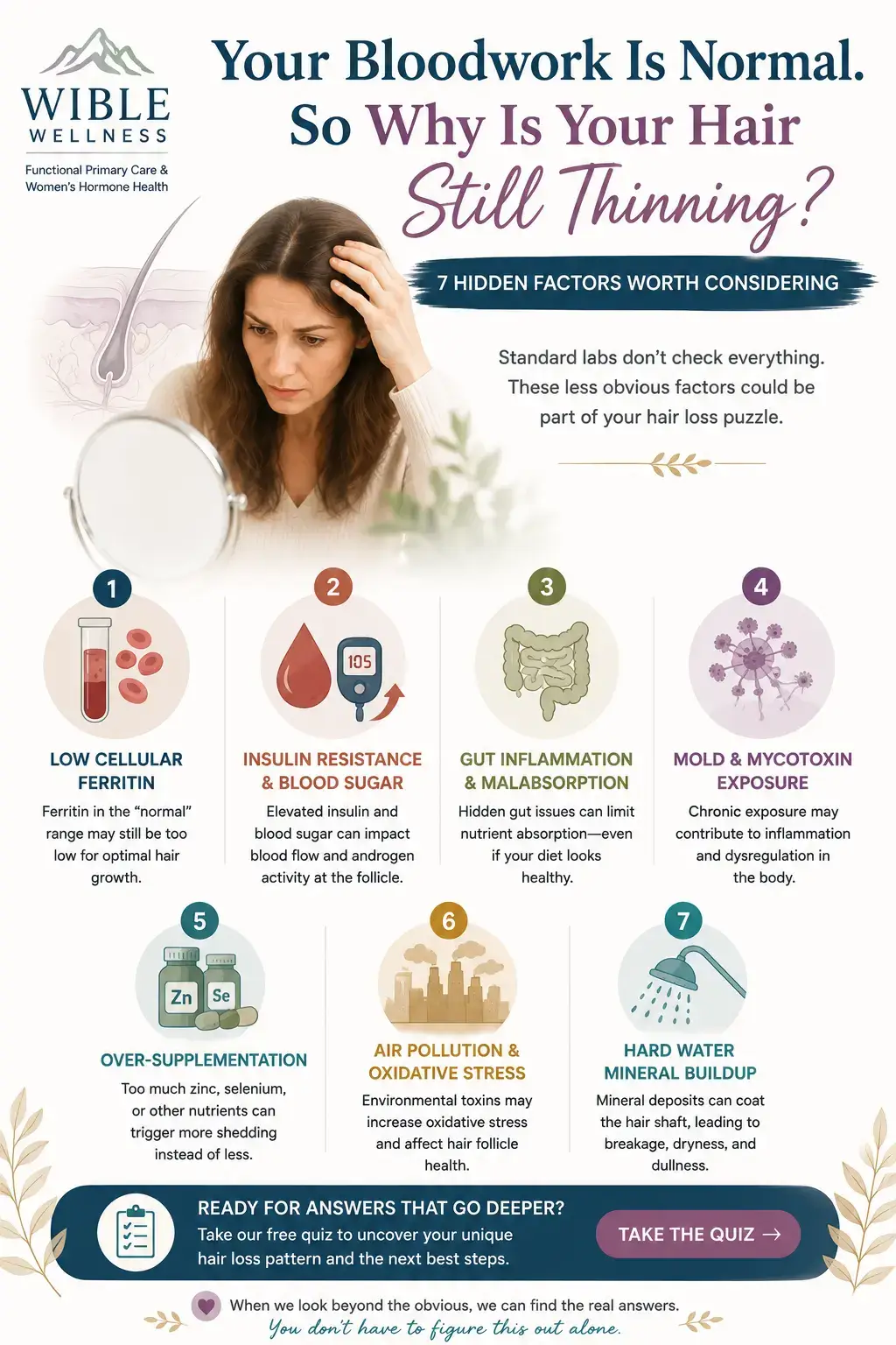 Hidden root causes of hair loss: 7 factors your bloodwork might miss infographic showing seven hidden factors including ferritin, insulin resistance, gut health, supplements, mold exposure, air pollution, and hard water