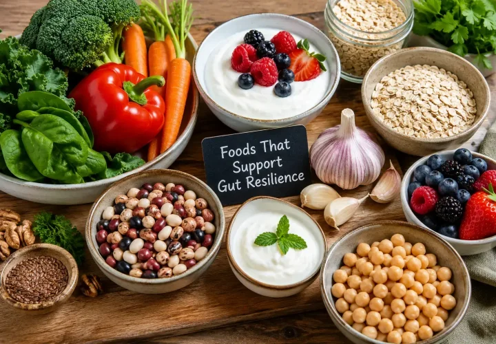 Whole foods including vegetables, yogurt, oats, garlic, beans, and berries that support gut resilience and digestive health